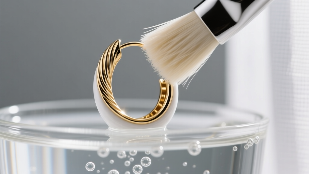 Close-up of soft brush cleaning deep grooves of white gold ribbed hoop earring submerged in a mild jewelry cleaning solution