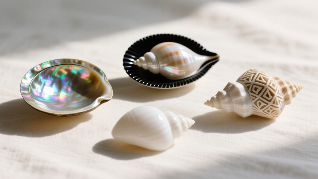 Flat lay of four distinct shell types: iridescent abalone, glossy cowrie, white puka, and carved mother of pearl on linen