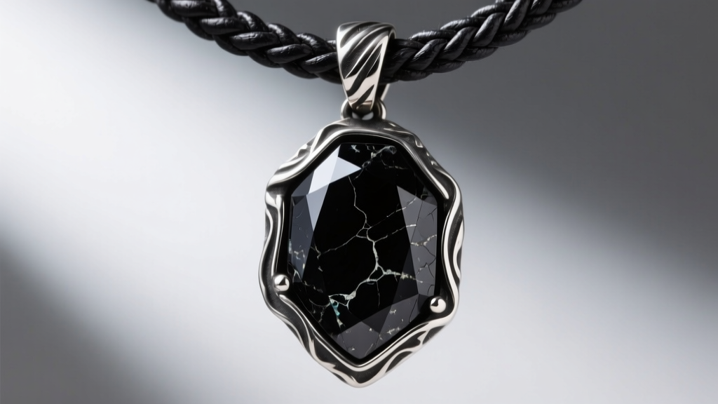 Close-up of a dark, rough-hewn black tourmaline pendant set in heavily oxidized sterling silver on a braided leather cord