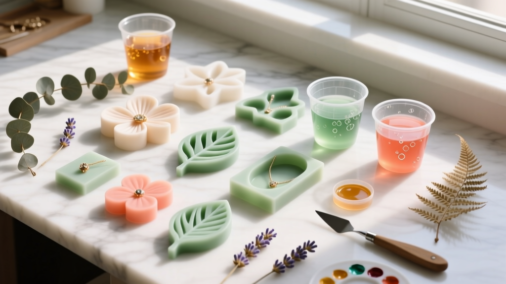 Overhead view of a resin jewelry making workspace with silicone molds, dried botanicals, and mixing cups in warm natural light.