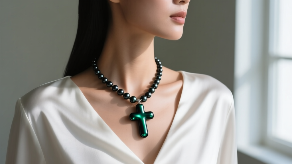 Tahitian black pearl cross necklace on a model, contrasting dark green overtones against a white silk blouse in natural daylight.