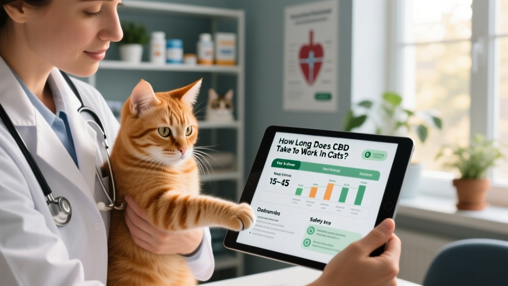 Close-up of a veterinarian gently holding a cat's paw while reviewing a FurPetVo CBD dosing chart on a tablet