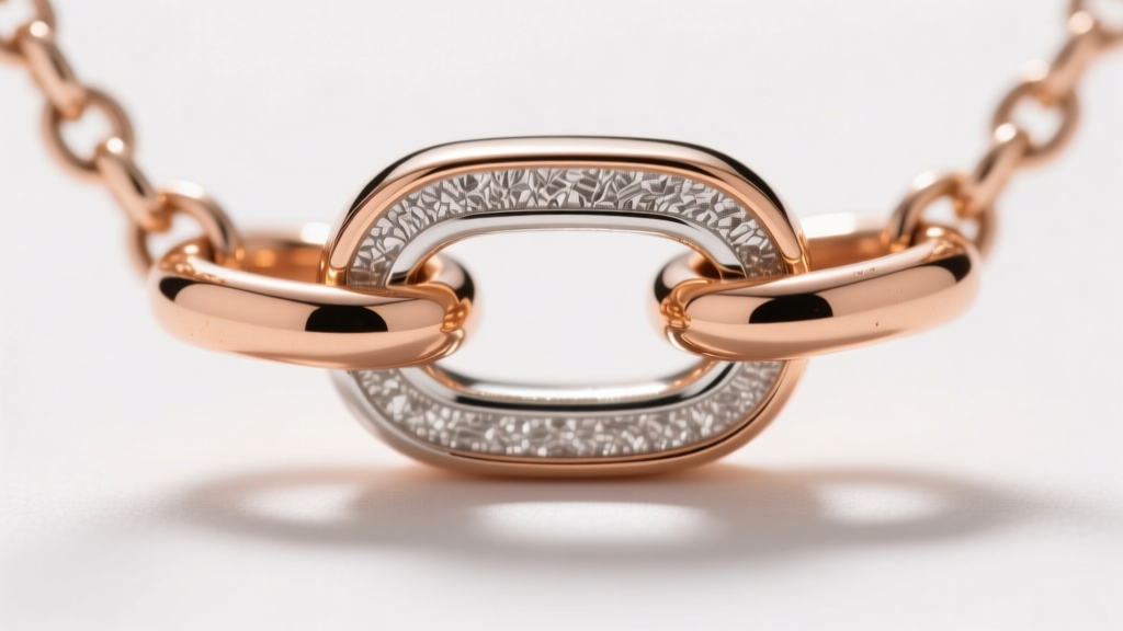 Macro view of a necklace chain link showing the cross-section of rose gold electroplating over a sterling silver base metal core.