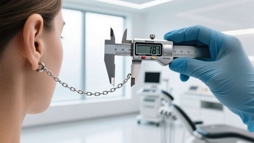Piercer measuring 18-gauge titanium ear chain with digital calipers before preparing the micro-weld joint in a bright modern clinic