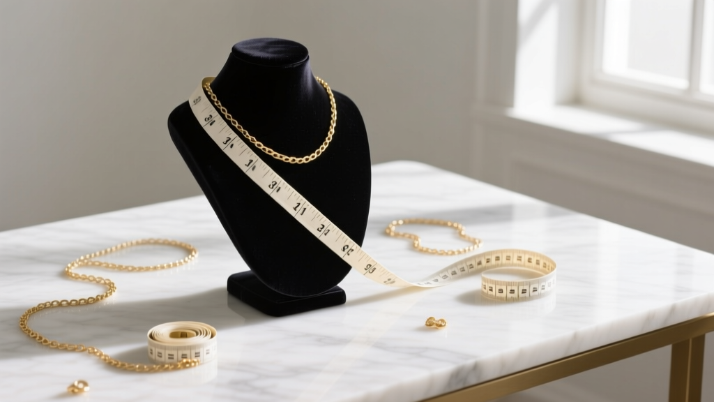 A fabric measuring tape draped over a dark velvet jewelry bust, surrounded by delicate gold chains on a bright marble desk