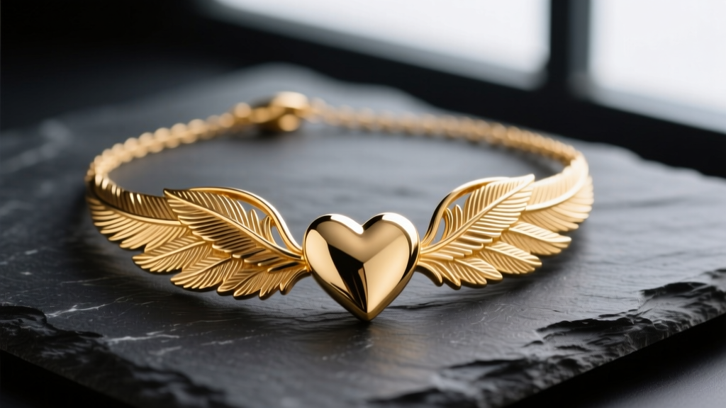 Macro shot of a 14k gold heart wing necklace on dark slate, showing intricate cast feather details and a polished heart center