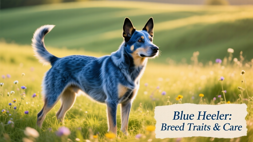 A vibrant blue heeler standing alert in a sunlit grassy field, ears perked and tail raised