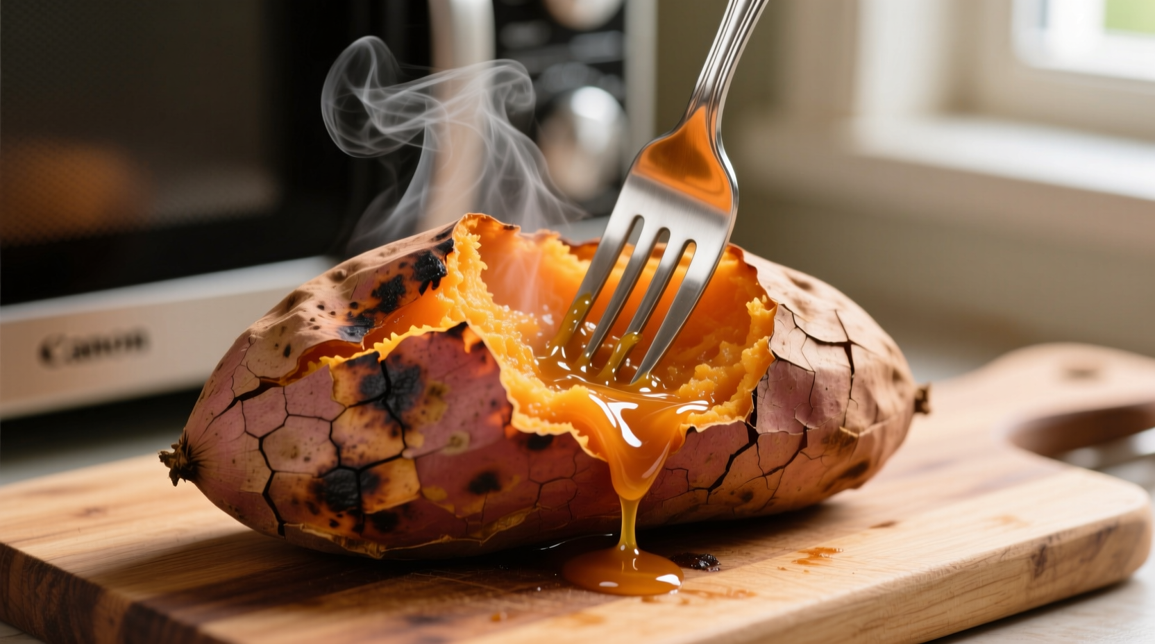 Microwaved sweet potato with fork showing tender interior