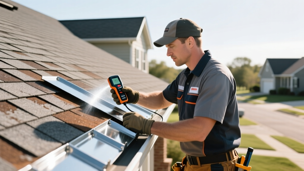 Roofing contractor inspecting asphalt shingles and metal flashing on a residential roof using specialized moisture detection tools