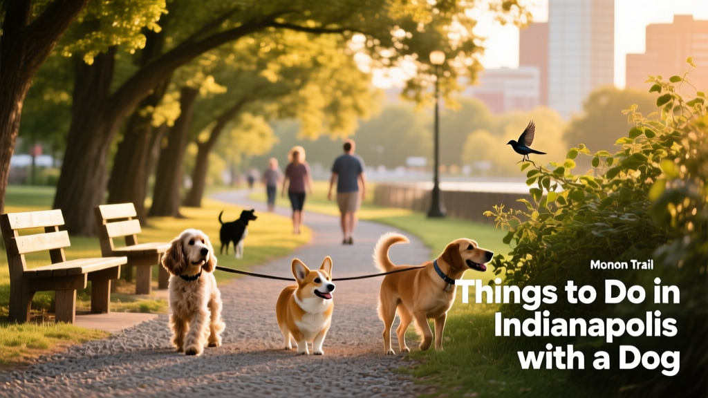 A serene dog-friendly walking trail along the Monon Trail in Indianapolis, with trees, benches, and leashed dogs enjoying the path