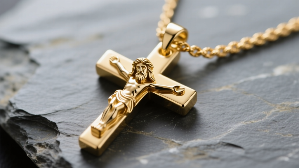Close-up of a 14k gold jesus on cross necklace on slate, showing detailed facial features, polished edges, and a 2mm rope chain.