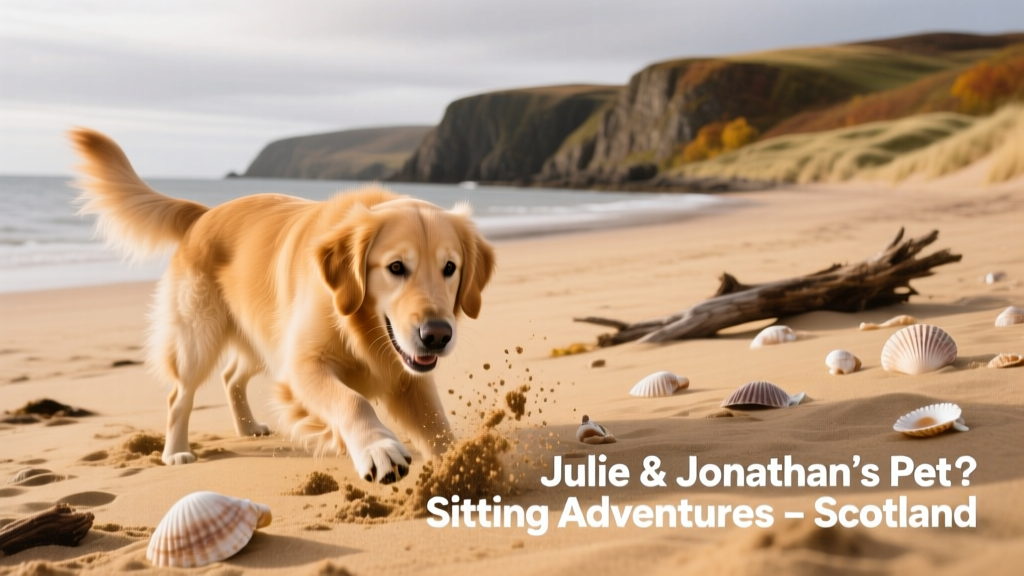 Mabel digging enthusiastically in golden sand at a windswept Scottish beach