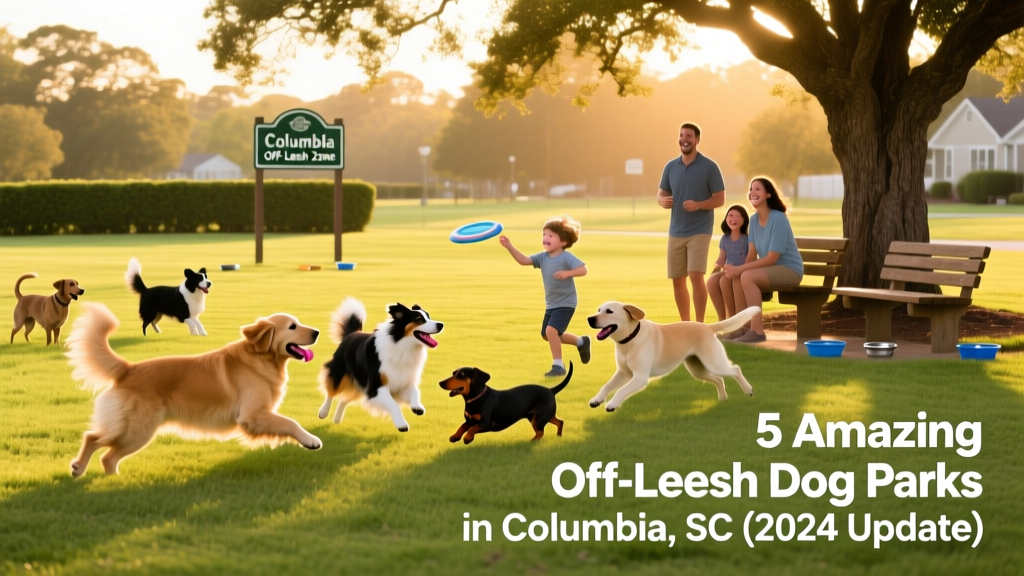 A sunny, grassy off-leash dog park in Columbia, SC, with dogs playing fetch, running in open space, and socializing near shaded benches