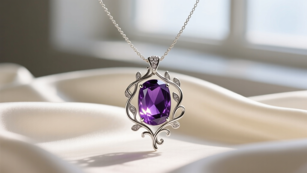 Close-up of a Viole Grace necklace featuring a deep purple amethyst pendant in a delicate silver vine setting against soft silk