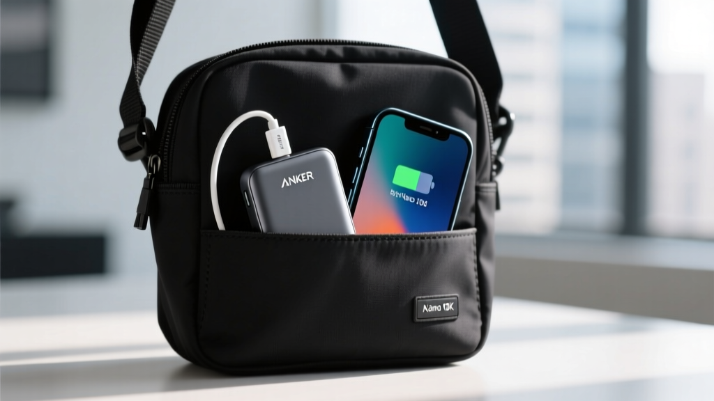 The Anker Nano 10K power bank with integrated USB-C cable charging a modern smartphone while tucked discreetly inside a small sling bag pocket.