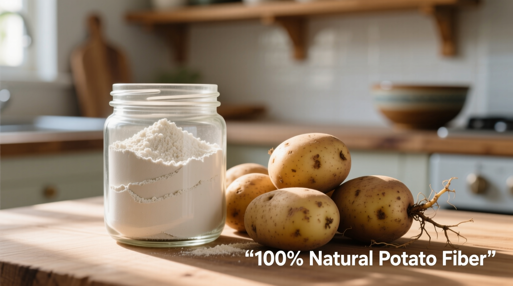 Potato fiber powder in glass container with fresh potatoes