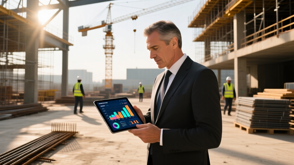 Procurement manager analyzing digital building materials market research charts on a tablet at a busy commercial construction site