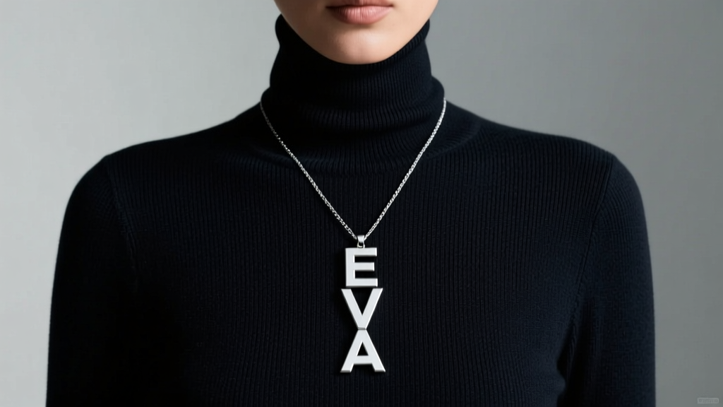 Model wearing a silver drop name necklace with block letters over a dark sweater, highlighting the clean vertical pendant alignment