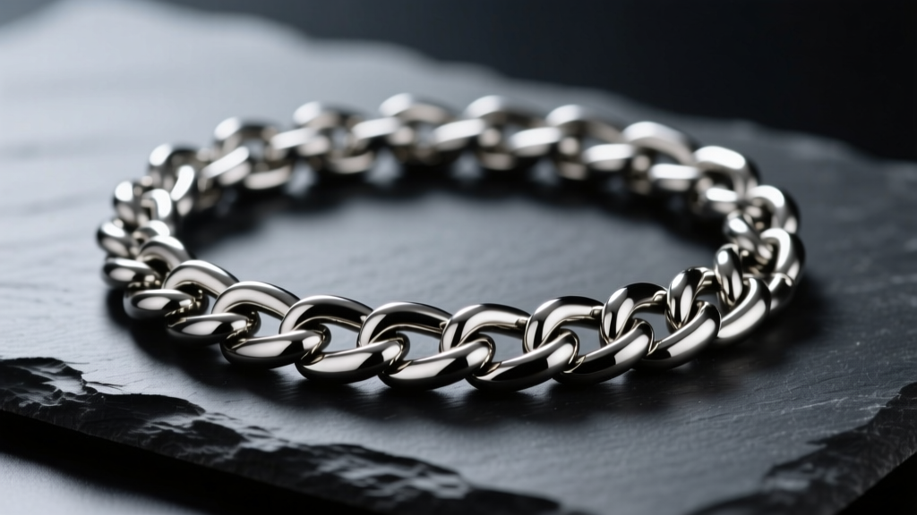 Close-up of a thick 12mm stainless steel Cuban link chain resting on dark slate, reflecting soft studio lighting with high contrast