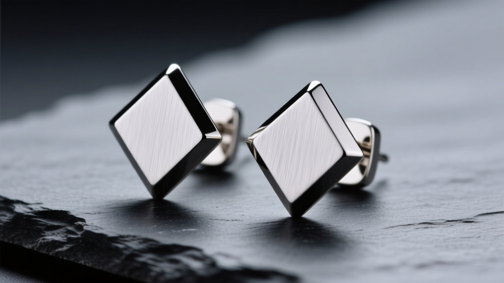Macro shot of brushed titanium rhombus earrings with beveled acute angles resting on dark slate under soft studio lighting