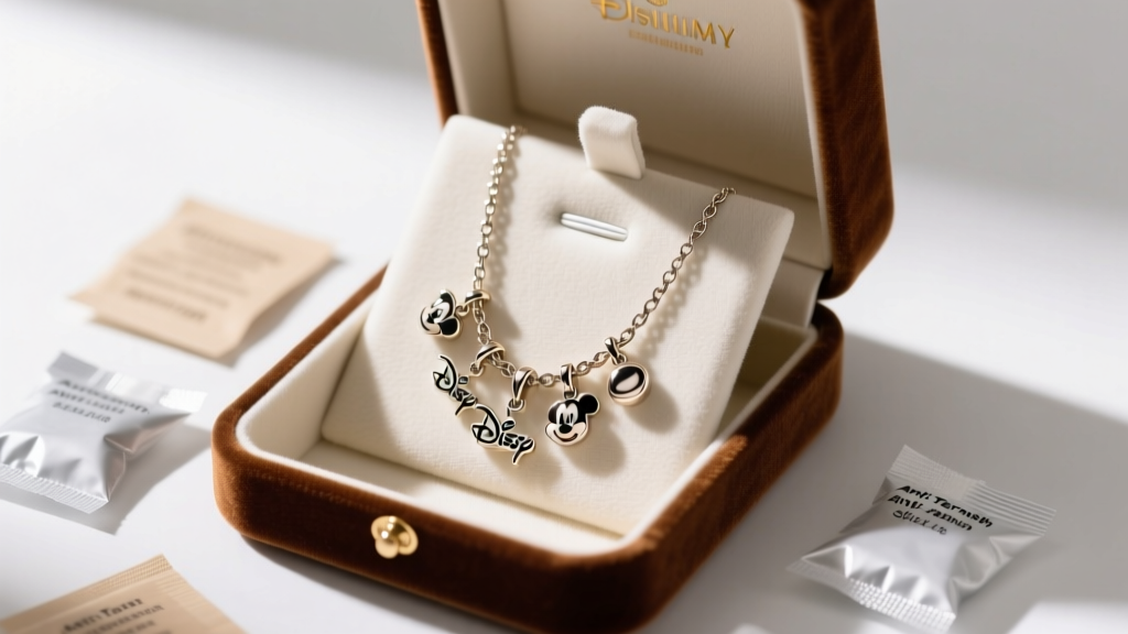Girls crew Disney necklace hanging on a velvet hook inside a jewelry box next to anti-tarnish strips and silica gel packets