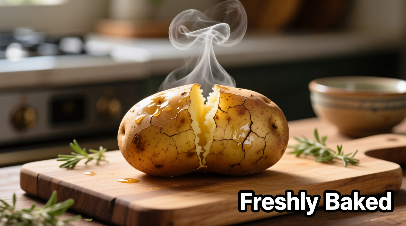 Perfectly baked russet potato with steam rising