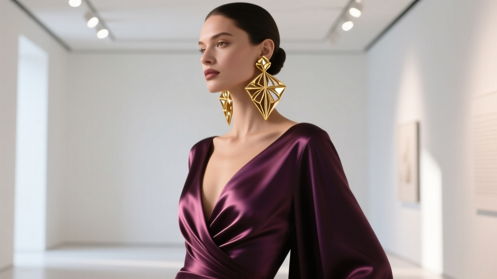 Woman in silk evening gown wearing sculptural Henry Dunay Couture collection gold earrings, illuminated by soft gallery lighting.