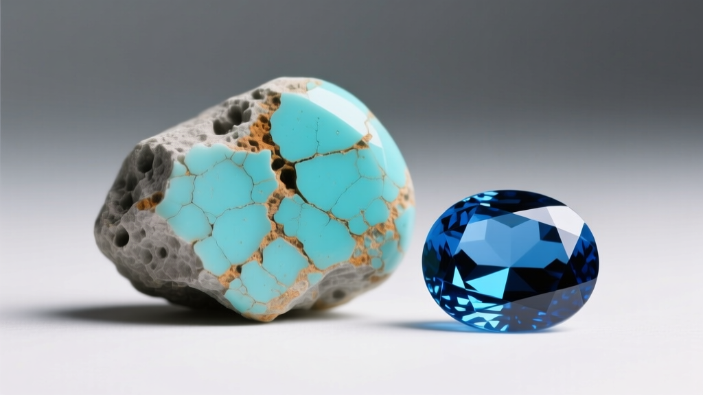 Macro shot of an untreated chalky turquoise cabochon showing porosity next to a polished, resin-stabilized blue gemstone.