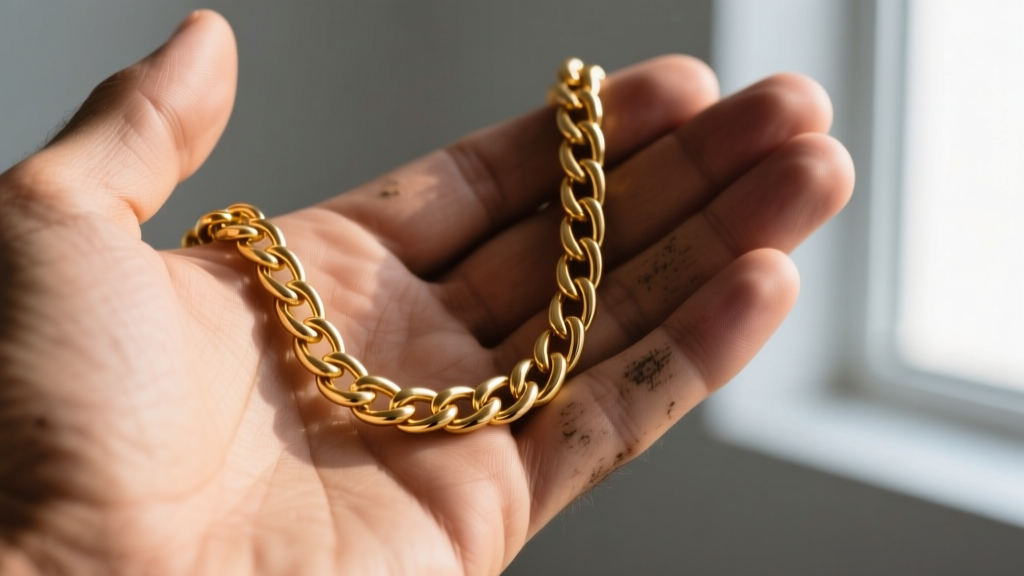 Macro shot of a 4mm 14k gold Cuban chain on a man's neck, studio lighting showing the polished links and a heavy-duty box clasp.