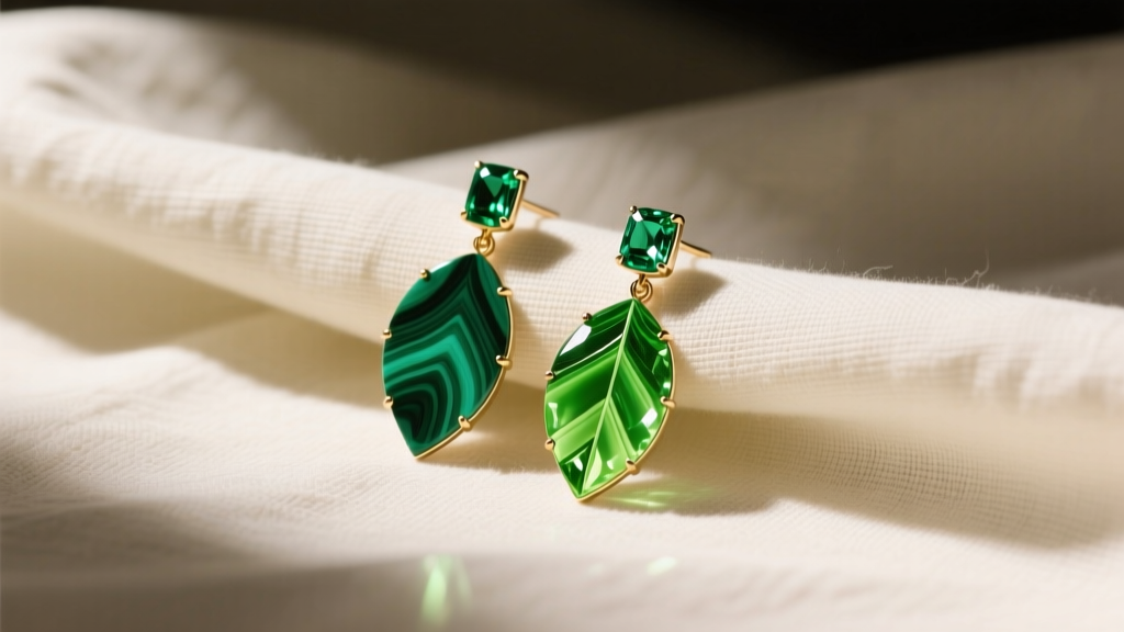 Flat lay of malachite and peridot leaf drop earrings on textured linen cloth, illuminated by warm, directional studio lighting.