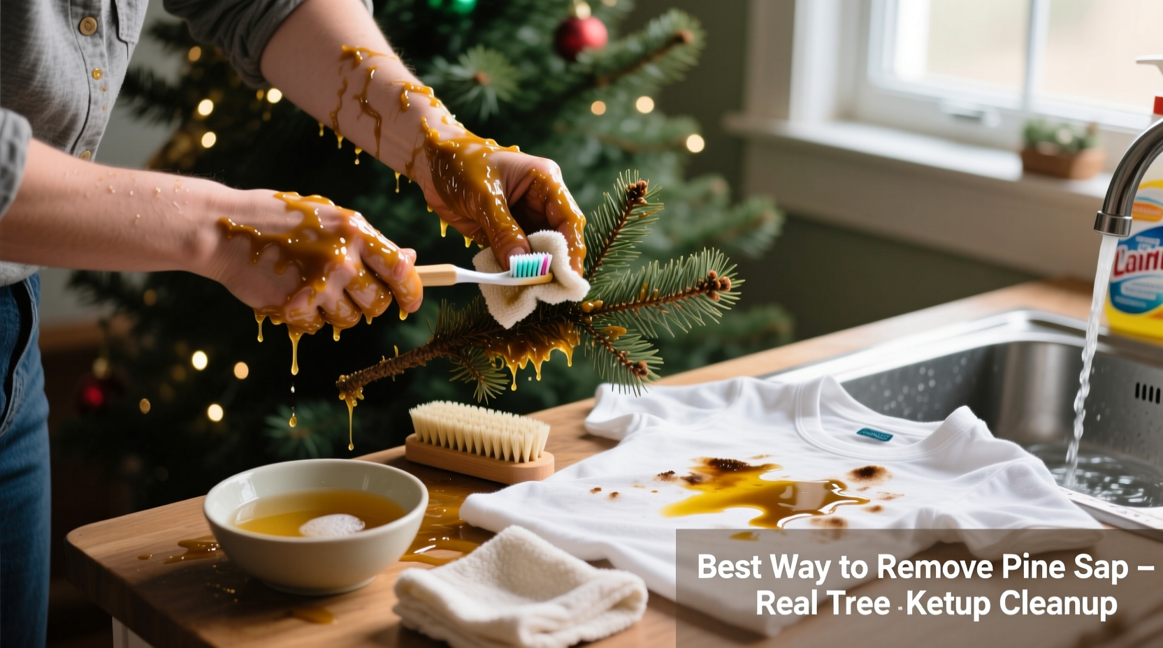 best way to clean pine sap off hands and clothes after setting up a real tree