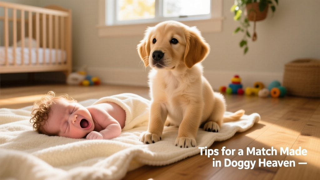 Yawning baby lying on a soft blanket beside a calm, curious puppy