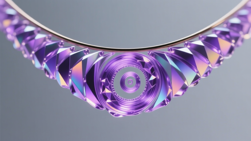 Microscopic render of liquid crystals reflecting violet light, showing the helical pitch inside a thermochromic necklace layer