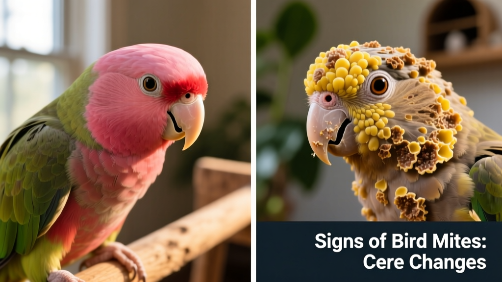 Side-by-side comparison: healthy bird cere versus cere with scaly mite infestation showing crusty, raised texture