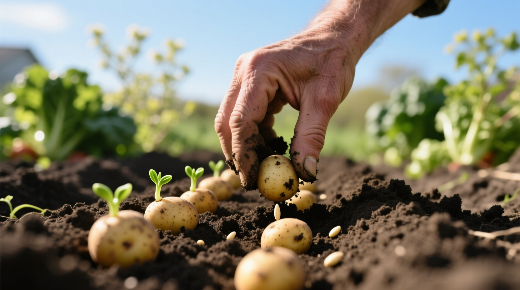 Hand planting seed potatoes in garden soil