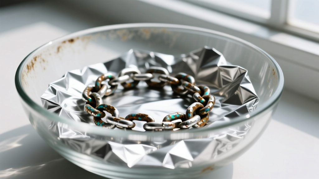 Macro photography of a heavily tarnished 925 sterling silver chain resting on crumpled aluminum foil inside a clear glass bowl.