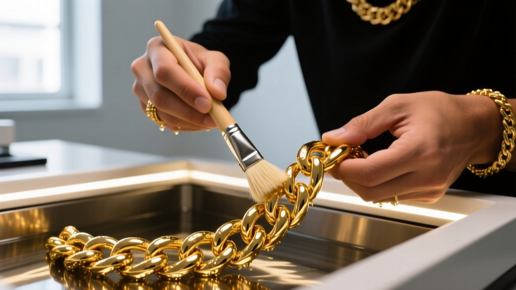 Jeweler using an ultrasonic cleaner and soft brush on a heavy hip-hop chain, with bright LED light reflecting off the wet gold links.
