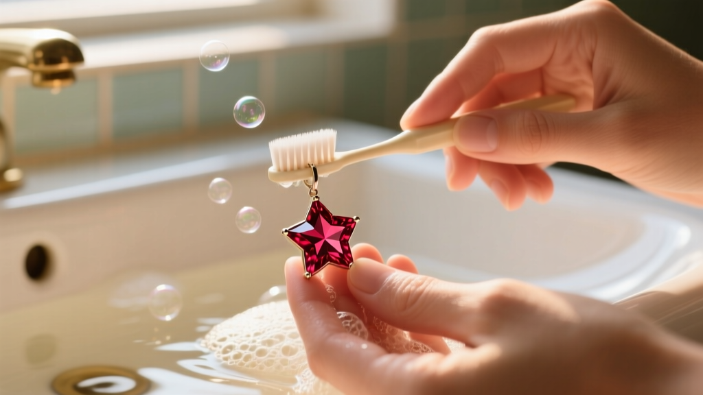 Hands gently brushing a star ruby pendant with a soft toothbrush in warm soapy water, showing safe gemstone cleaning methods.