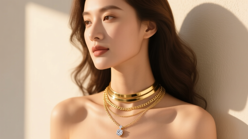 Woman wearing layered gold necklaces, 16-inch choker and 18-inch princess chain with diamond pendant, soft warm light