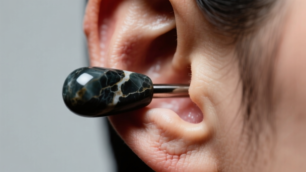 Macro photography of an irritated stretched earlobe showing mild tissue blowout behind a heavy stone plug, clinical lighting setup.