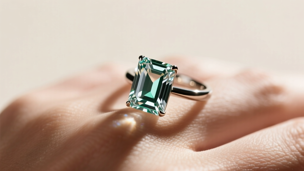 Close-up of a 2-carat emerald cut diamond ring on a hand, highlighting the long step facets and clean inclusion-free table