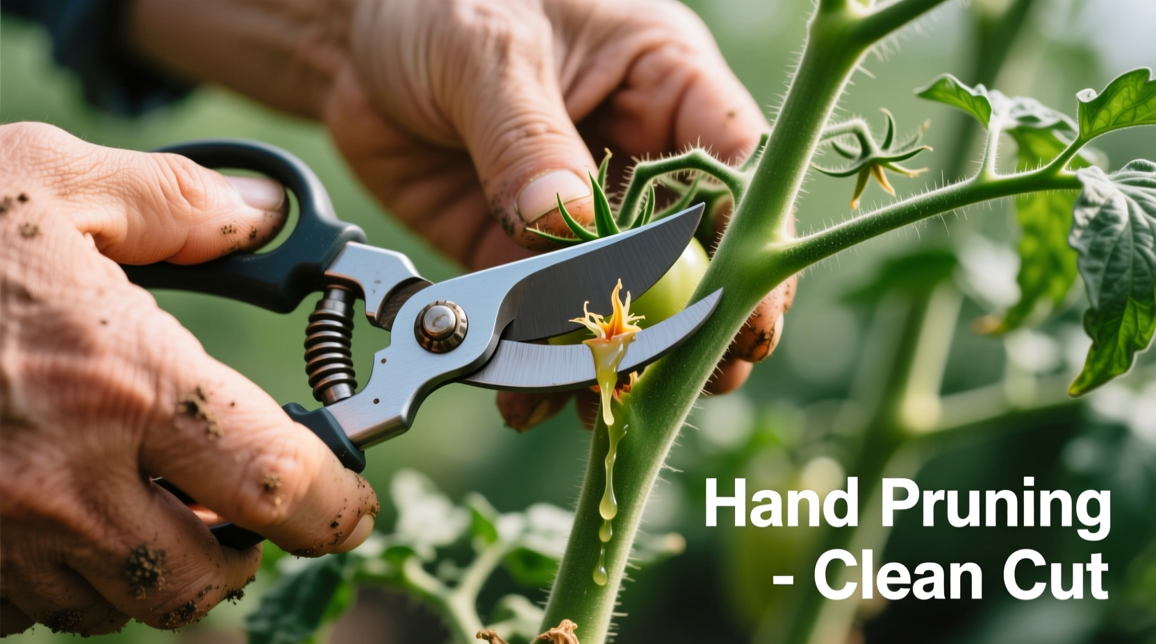 Hand pruning tomato suckers with clean cut