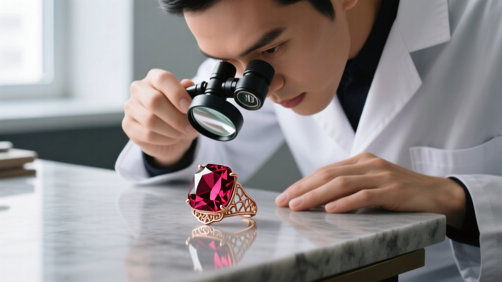 Jeweler using a 10x loupe to inspect internal silk inclusions of a faceted Burmese ruby before setting it into a rose gold mount.