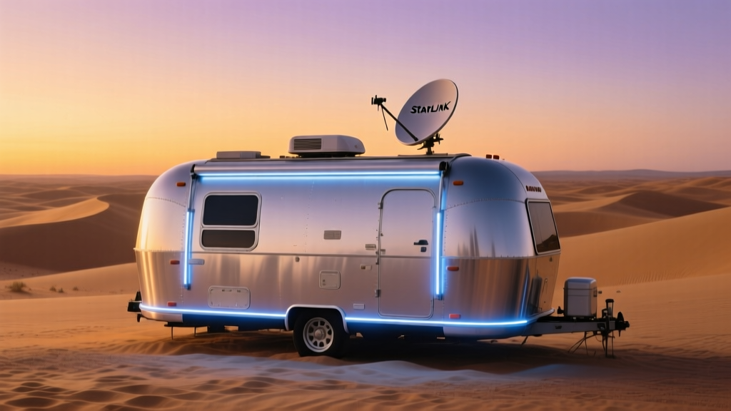 Silver Airstream trailer parked in desert at sunset with Starlink Mini dish on roof and LED awning lights glowing