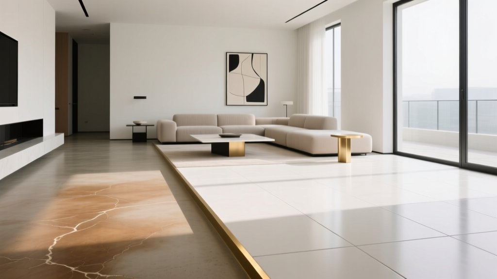 Modern living room floor split between warm acid-stained concrete and large-format porcelain tile joined by a brass transition strip