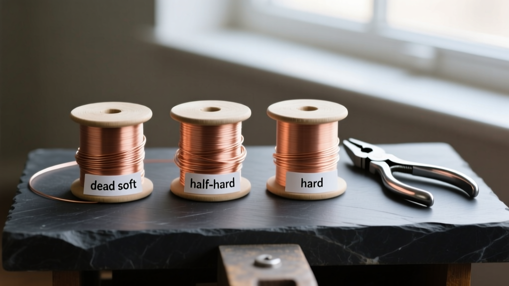 Three spools of bare copper wire labeled dead soft, half-hard, and hard on a dark slate jeweler bench with steel pliers nearby.