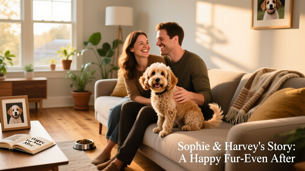 Sophie and Harvey smiling with Murphy, a cheerful Cockapoo, in their sunlit living room