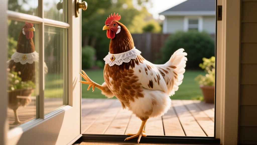 A brown-and-white hen standing upright at a glass patio door, one foot raised as if tapping the glass