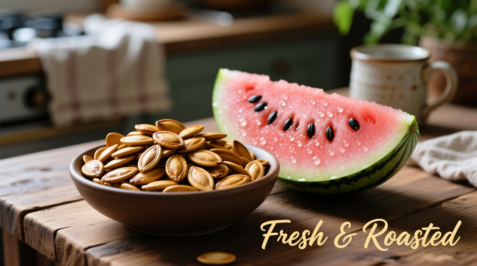 Roasted watermelon seeds in a bowl with fresh watermelon
