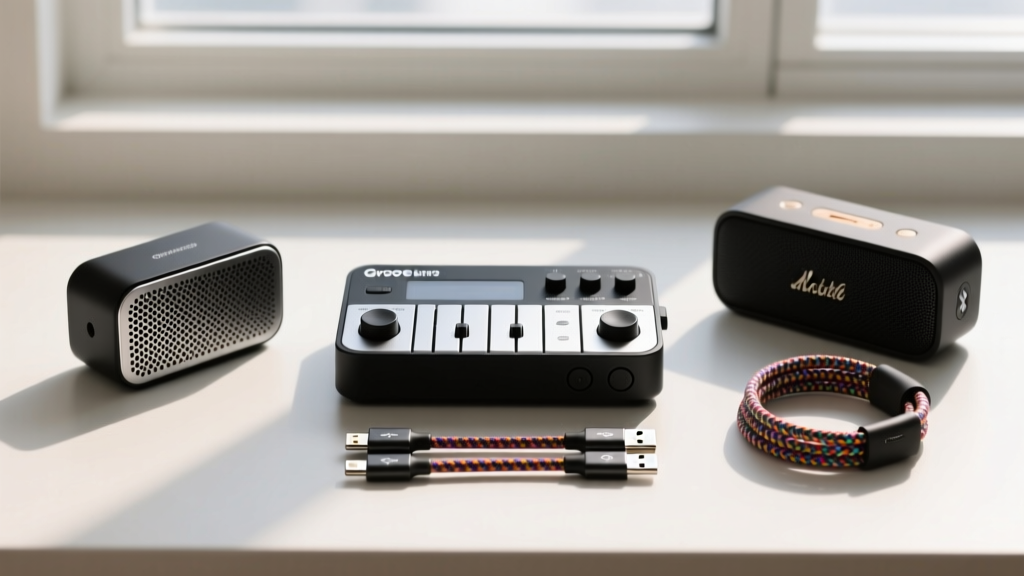 Flat-lay travel kit featuring a portable groovebox, compact AptX Low Latency Bluetooth speaker, and braided USB-C cables.